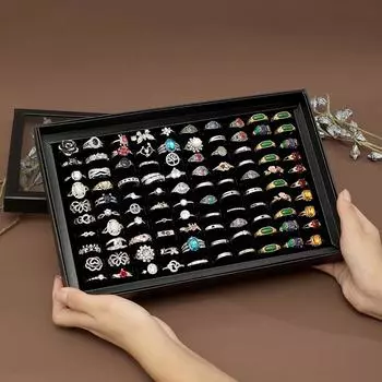 100 слотов держатель для колец витрина для колец черный органайзер для ювелирных изделий с прозрачной крышкой коробки для колец для нескольких колец(Кольцо-органайзер) чёрный