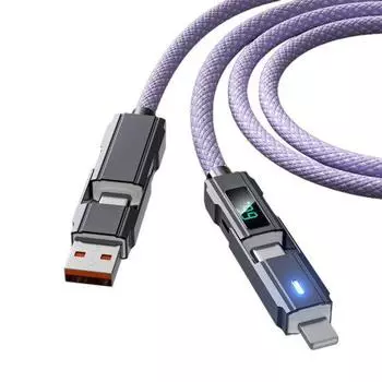 100 см 4-в-1 дисплей батареи зарядный кабель USB Type-C 8Pin PD66W 480 Мбит/с быстрая зарядка мобильного телефона планшета плетеный фиолетовый
