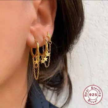 100% Soild 925 стерлингового серебра цепь кисточка серьги-кольца звезда изящные ювелирные изделия для женщин женская бижутерия Femme очаровательный подарок