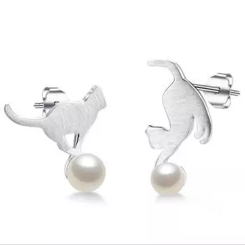 100% стерлинговое серебро 925 пробы и пресноводный жемчуг милые серьги-гвоздики в виде кошки для женщин роскошные ювелирные изделия из стерлингового серебра подарок Cqe235