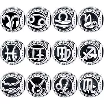 100% стерлинговое серебро S925, прозрачный циркон, 12 созвездий, блестящие круглые бусины своими руками, подходят для оригинального браслета с подвесками, женские ювелирные изделия