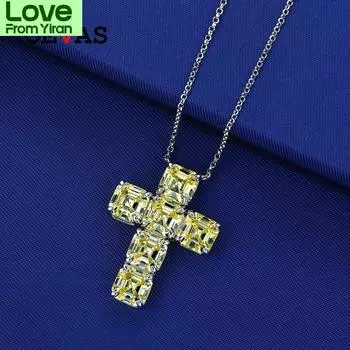 100% стерлингового серебра 925 пробы 7 * 7 мм желтый крест высокоуглеродистый бриллиант кулон ожерелье для женщин сверкающие вечерние ювелирные украшения