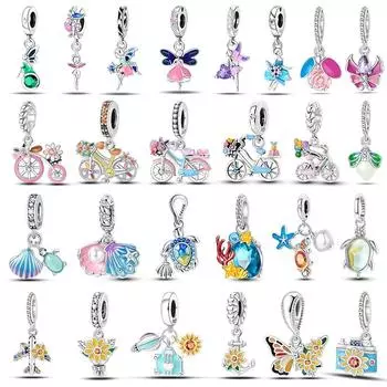 100% стерлингового серебра 925 пробы бабочка фея мечта океан ракушка жемчуг русалка морская черепаха подсолнух шармы бусины подходят для браслетов Pandora