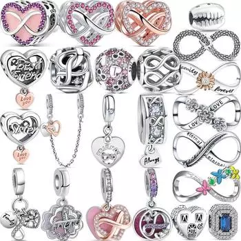 100% Стерлингового Серебра 925 пробы Бесконечная Вечность Стиль Любовь Семья Друг Блестящие Бусины Подходит Оригинальные Подвески Браслет DIY Ювелирные Изделия
