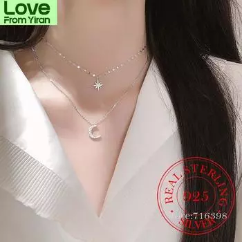 100% стерлингового серебра 925 пробы двухслойное ожерелье с подвеской в виде звезды и луны для женщин свадебные украшения чокер воротник подарок