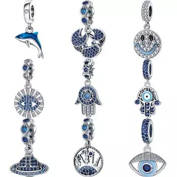 100% стерлингового серебра 925 пробы, голубые глаза, улыбка, Дельфин, Краб, Корона, кулон, блестящие бусины, подходят оригинальные подвески, браслет, ювелирные изделия своими руками