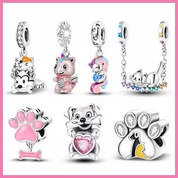 100% стерлингового серебра 925 пробы, кот на качелях, красочный единорог, светящиеся в темноте подвески с отпечатками лап, подходят для нового оригинального браслета белый
