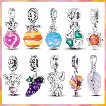 100% стерлингового серебра 925 пробы, красочные пчелы, розовые, синие, анютины глазки, цветок винограда, подвески, подходят для нового оригинального браслета, изготовление бусин своими руками синий