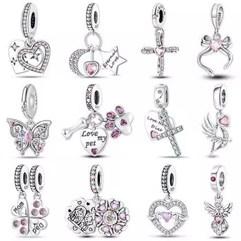 100% стерлингового серебра 925 пробы, крест Купидона, ангельское сердце, розовый циркон, подвески, бусины, подходят для оригинальных браслетов 925, ювелирные изделия своими руками