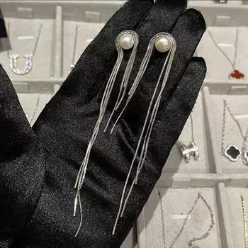 100% стерлингового серебра 925 пробы, легкие роскошные восьмиугольные серьги-гвоздики со змеиной цепочкой и жемчугом, длинные женские серьги-подвески Aros Mujer Oreja белый