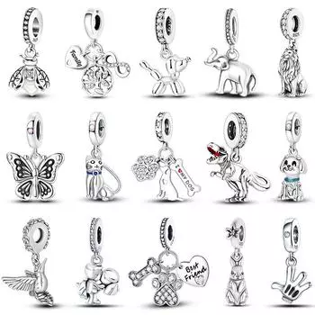 100% стерлингового серебра 925 пробы, лев, собака, слон, светлячок, кошка, дерево жизни, подвески в виде животных, подходят для оригинальных браслетов 925, ювелирные изделия своими руками