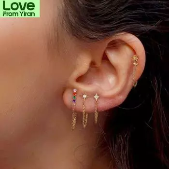 100% стерлингового серебра 925 пробы минимальная кисточка цепочка серьга радуга бар луна звезда милый милый шарм серьги-гвоздики для девочки