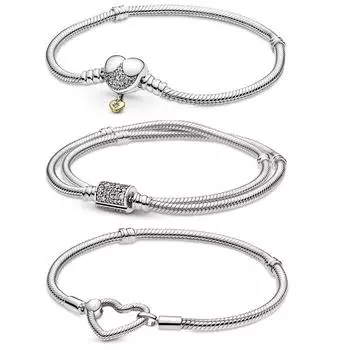 100% стерлингового серебра 925 пробы, моменты сердца, двойная застежка, браслет-цепочка в виде змеи, подходит для Европы, браслет из бисера, очаровательные ювелирные изделия 20cm