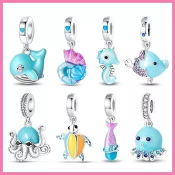 100% стерлингового серебра 925 пробы, новые светящиеся подвески в виде океана, подходят для нового браслета, морская черепаха, дельфин, осьминог, подвески, изготовление ювелирных изделий своими руками белый