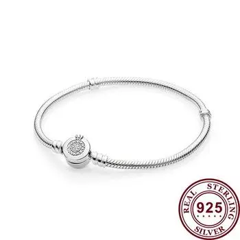 100% стерлингового серебра 925 пробы, новый браслет с блестящей короной и застежкой-замком, подходит для женских свадебных украшений