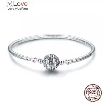 100% стерлингового серебра 925 пробы ослепительный прозрачный циркон круглый застежка браслет-змея ювелирные изделия из стерлингового серебра 19cm