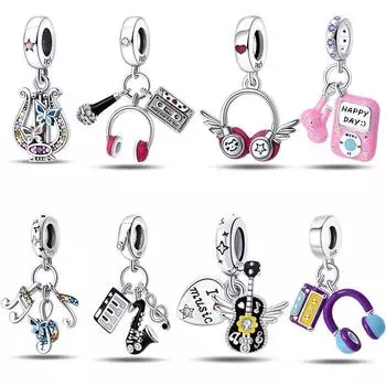 100% стерлингового серебра 925 пробы, панк-гитара, саксофон, музыкальные подвески, бусины, FitNew, оригинальные браслеты, ожерелья, изысканные ювелирные изделия своими руками, подарок белый