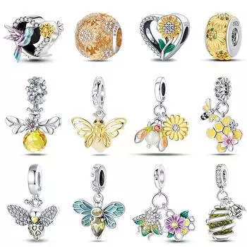 100% стерлингового серебра 925 пробы Подсолнух светящийся драгоценный камень пчелы подвески бусины подходят 925 оригинальные браслеты DIY ювелирные изделия выпускной подарок