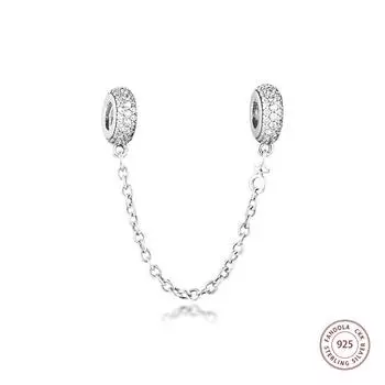100% стерлингового серебра 925 пробы, прозрачный CZ Pave, защитная цепочка, подвески, подходит для европейского браслета, бусины для изготовления ювелирных изделий