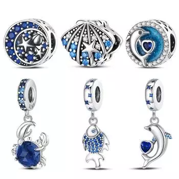 100% стерлингового серебра 925 пробы, ракушка Дельфин, краб, рыба, морская звезда, океан, подвески, бусины, подходят для оригинальных браслетов 925, DIY ювелирные украшения