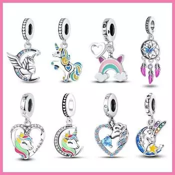 100% стерлингового серебра 925 пробы, разноцветные подвески в виде единорога, лунной феи, подходят для ожерелья, изготовления ювелирных изделий своими руками белый