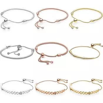 100% стерлингового серебра 925 пробы роза моменты паве сердце медоносная пчела скользящая застежка регулируемый браслет подходит шарм модные самодельные украшения