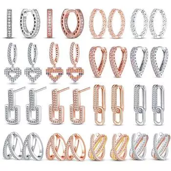 100% стерлингового серебра 925 пробы розовое золото сердечки геометрические паве фианиты серьги-кольца для женщин свадьба помолвка день рождения ювелирные изделия подарок 2023