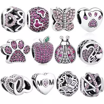100% стерлингового серебра 925 пробы, розовые хрустальные подвески, бусины, подходят для браслета, подвески для женщин, оригинальные ювелирные аксессуары