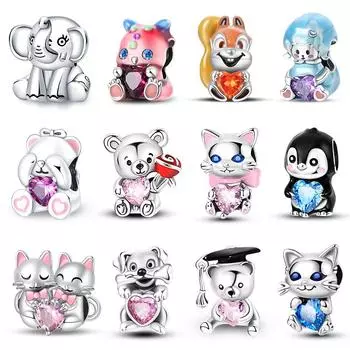 100% стерлингового серебра 925 пробы с изображением кофейного кота, кролика, медведя, пингвина, бусины, подходят для 925 оригинальных браслетов, сделай сам, подарок на день рождения, ювелирные изделия