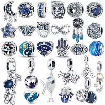 100% стерлингового серебра 925 пробы, синий Ловец снов, сова, планета, звездное небо, бусины, подходящие для браслета, изготовление ювелирных изделий своими руками