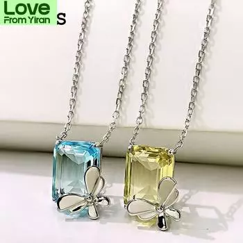 100% стерлингового серебра 925 пробы желто-голубой циркон простое ожерелье с кулоном в виде бабочки для женщин сверкающие вечерние ювелирные украшения подарки синий