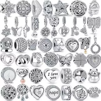 100% Стерлингового Серебра S925 CZ Прозрачный Четырехлистный Клевер Зажимы-Подвески Корона Змея Проложить Бусины Подходит Оригинальный Браслет Ювелирные Изделия Своими Руками