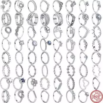 100% стерлингового серебра S925, кольцо на палец Pantaro, штабелируемое, с бесконечным цветком, корона принцессы, сердце, сверкающие тонкие кольца, свадебные украшения 7