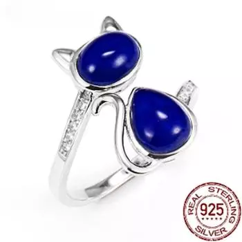 100% стерлингового серебра S925, открытые кольца с изображением кота для женщин и девочек, подарок, кольцо из стерлингового серебра с камнем лазурита, ювелирные изделия