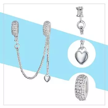 100% стерлингового серебра сердце брелок безопасности цепи Шарм оригинальный браслет из бисера ювелирные изделия