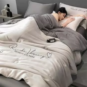 100% стираное шелковое летнее одеяло с вышивкой, гладкое охлаждающее лед одеяло для кровати, шелковистое однотонное одеяло, мягкое прохладное летнее одеяло 150x200cm 1PCS