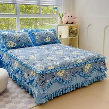 100% утолщенное стеганое покрывало из хлопка, размер King Queen, кружевная юбка для кровати принцессы, покрывало из чистого хлопка, не включая наволочку 150x200x45cm 1pc
