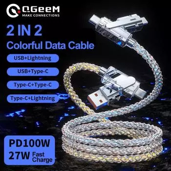 100 Вт 2 в 2, кабель для быстрой зарядки, USB-шнур, светодиодный светильник, USB C, USB C, кабель типа C для iPhone 11, 12, 13, 14, 15, Xiaomi samsung 1M разноцветный