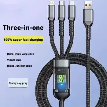 100 Вт 3 в 1 сверхбыстрый зарядный кабель прозрачный светящийся сверхбыстрый зарядный кабель USB Type C мульти удлинитель для Android 1.2m