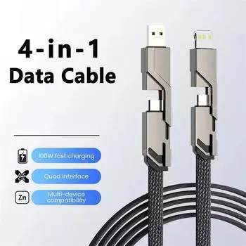 100 Вт 4 в 1 кабель для быстрой зарядки мобильного телефона USB Type C кабель для iPhone 15 14 Xiaomi Huawei Mate 40 универсальный 1m чёрный