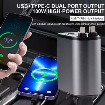 100 Вт 4 в 1 выдвижное автомобильное зарядное устройство USB Type C кабель для iPhone шнур для быстрой зарядки адаптер прикуривателя