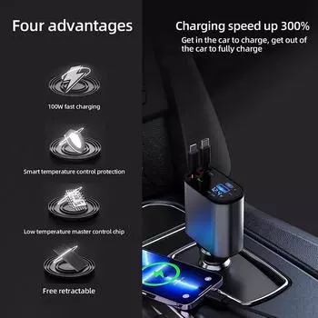 100 Вт 4 в 1 выдвижное автомобильное зарядное устройство USB Type C кабель для iPhone шнур для быстрой зарядки адаптер прикуривателя