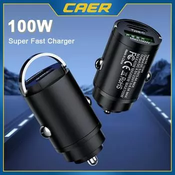 100 Вт автомобильное зарядное устройство прикуриватель мини-кольцо для быстрой зарядки двухпортовые зарядные устройства для телефонов USB Type C QC PD адаптер для iPhone Xiaomi Huawei