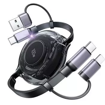 [100 Вт и новое поступление 2024 года] 4-в-1 кабель для зарядки с обмоткой USB-кабель типа C (100W) выдвижной кабель для зарядки iPhone (PD27W) Мультикабель 5А для быстрой зарядки