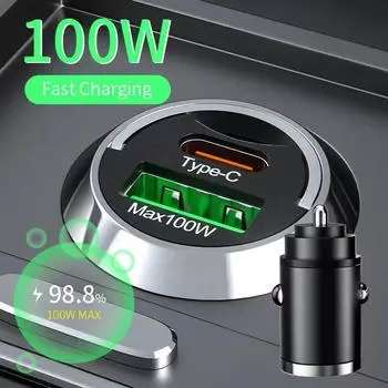 100 Вт мини-автомобильное зарядное устройство PD Type C быстрая зарядка для iPhone 15 QC 3.0 Mini USB C автомобильное зарядное устройство для мобильных телефонов Samsung Xiaomi Huawei 100W Black-B