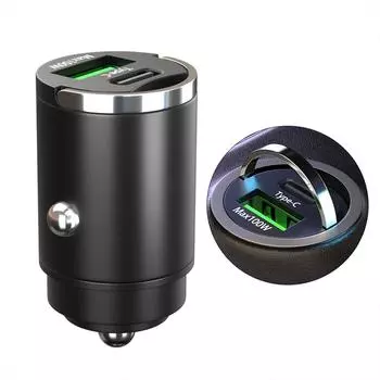 100 Вт мини-автомобильное зарядное устройство с двумя портами, выдвижным кольцом, быстрая зарядка, автомобильный адаптер Type C PD для iPhone 15 14 Xiaomi Huawei Samsung QC3.0 чёрный