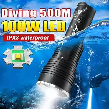 100 Вт профессиональный фонарик для дайвинга 500 м подводный фонарь для дайвинга IPX8 водонепроницаемый фонарь для дайвинга 26650 аккумулятор without battery чёрный