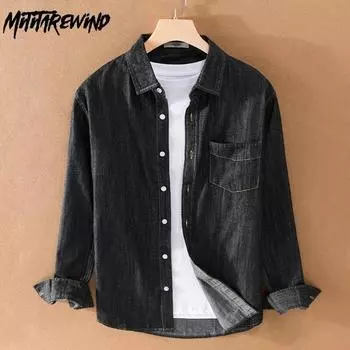 100Cotton джинсовая рубашка мужская весна осень повседневная с длинным рукавом повседневные рубашки с воротником-лацканом и карманом черная джинсовая рубашка простой стиль мужская одежда M синий