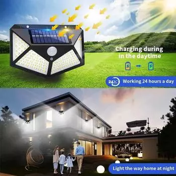 100LED солнечный настенный светильник, уличный светильник, водонепроницаемый датчик движения, солнечный свет, уличный фонарь, садовые перила, декоративная лампа