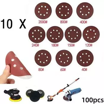 100PCS 5 Inch 8 Hole Red Sanding Disc Flap Sandpaper Velour Dry Polishing Self Adhesive Backing Grit Polish Pad 100-pcs